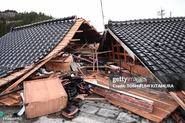 This general view shows collapsed buildings in the town of Monzen in Wajima, Ishikawa prefecture on January 5 after a major 7.5 magnitude earthquake...