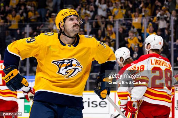 Filip Forsberg of the Nashville Predators celebrates his goal against the Calgary Flames during the first period at Bridgestone Arena on January 4,...