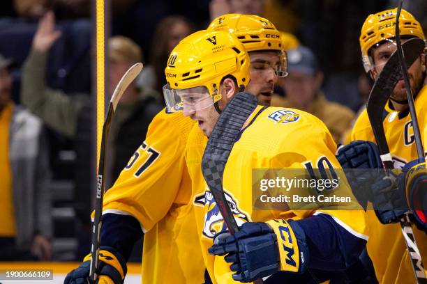 Colton Sissons of the Nashville Predators celebrates his goal against the Calgary Flames during the first period at Bridgestone Arena on January 4,...