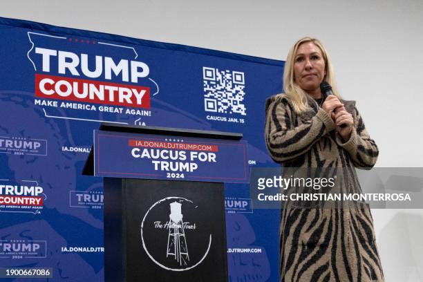 Representative Marjorie Taylor Greene speaks during a "Commit to Caucus" Team Trump Iowa event at the Hidden Tower wedding venue in Keokuk, Iowa on...