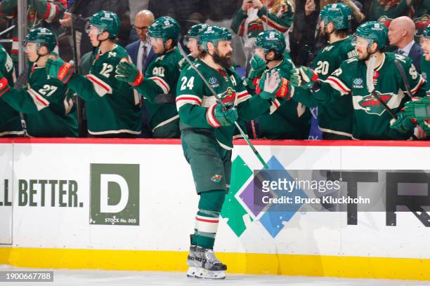 Zach Bogosian of the Minnesota Wild celebrates his goal against the Tampa Bay Lightning during the game at the Xcel Energy Center on January 4, 2024...