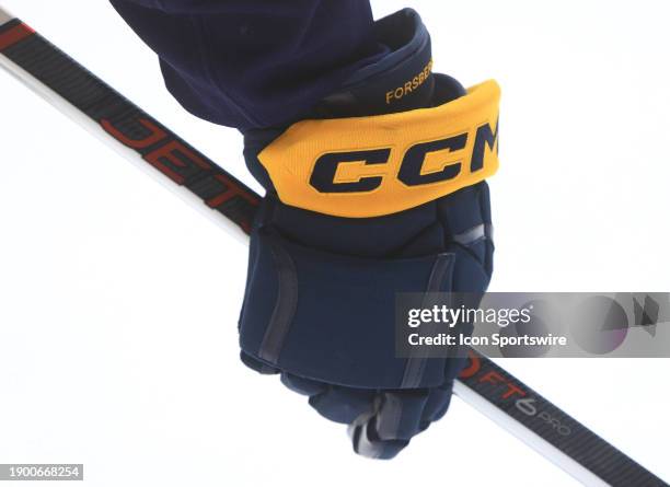 General view of a CCM glove in the colors of the Nashville Predators is shown during the NHL game between the Nashville Predators and Calgary Flames,...