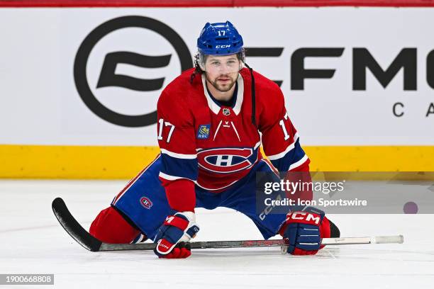 Montreal Canadiens right wing Josh Anderson stretches during warm-up before the Buffalo Sabres versus the Montreal Canadiens game on January 04 at...