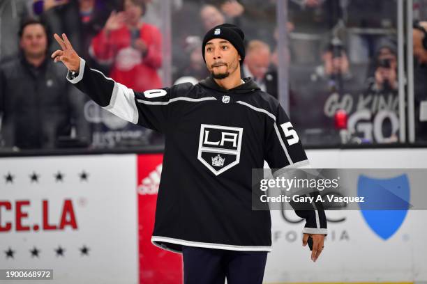 Mookie Betts of the Los Angeles Dodgers acknowledges the crowd prior the game between the Los Angeles Kings and Detroit Red Wings at Crypto.com Arena...