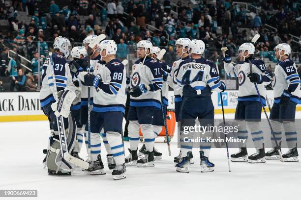 The Winnipeg Jets celebrate the win against the San Jose Sharks at SAP Center on January 4, 2024 in San Jose, California.