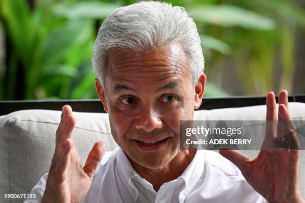 This picture taken on January 3, 2024 shows Indonesia's presidential candidate and former Central Java governor Ganjar Pranowo gesturing during an...