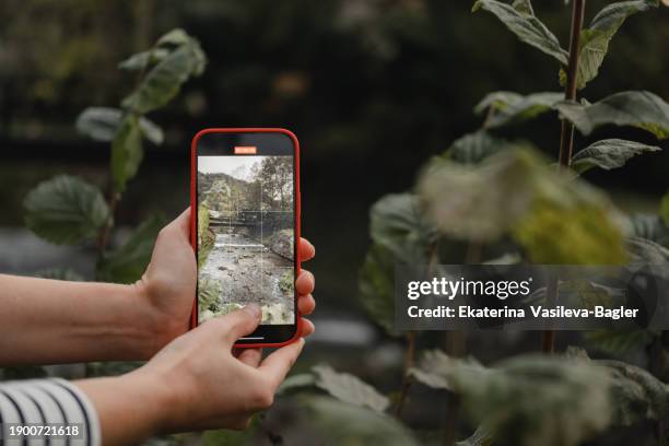 girl makes a video of nature on a smartphone - photo messaging stock pictures, royalty-free photos & images