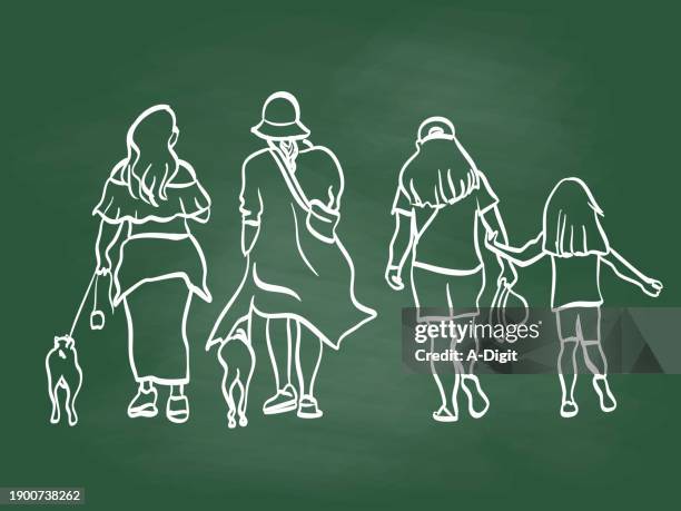 three generations on a walk chalkboard - pet lead stock illustrations