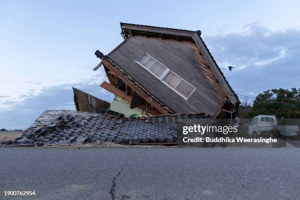 House damaged by an earthquake is seen on January 02, 2024 in Nanao, Japan. The Noto Peninsula of Ishikawa Prefecture was struck by a 7.5 magnitude...