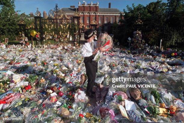 Only two days after the tragic news of the untimely death of Diana, Princess of Wales, a policewomen casts an early-morning shadow, 02 September,...