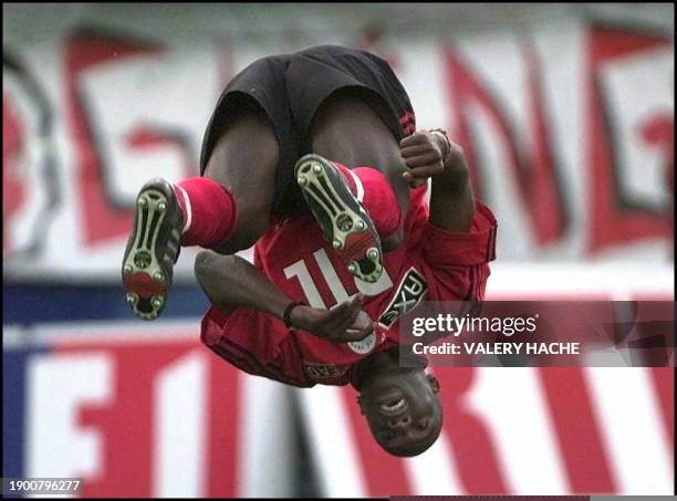 Attaquant Guingampais Christopher Wreh fait une pirouette de joie, le 19 avril à Guingamp, après avoir inscrit le premier but pour son équipe, lors...