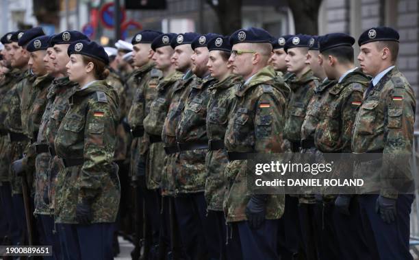 Bundeswehr soldiers stand guard outside the church prior the funeral service of German political heavyweight Wolfgang Schaeuble on January 5, 2024 at...