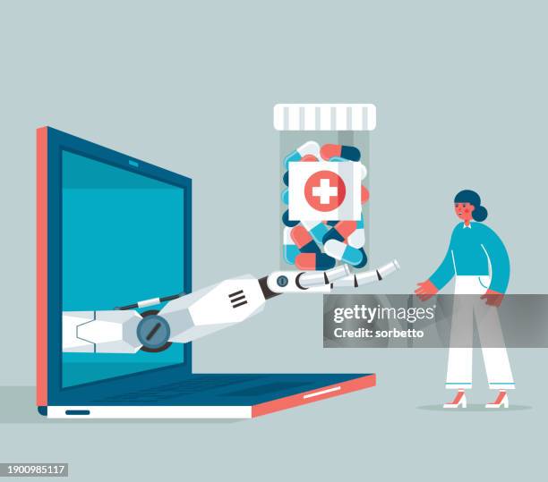 robot pharmacist - laptop - deep learning stock illustrations