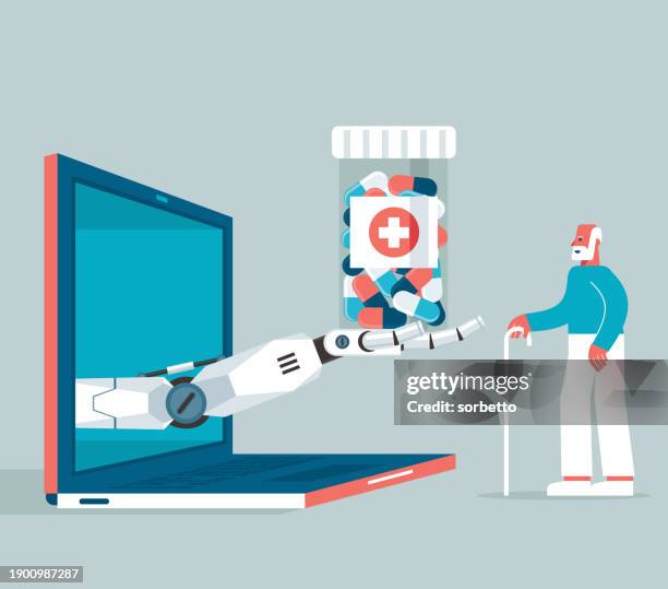 robot pharmacist - elderly man - man taking supplements stock illustrations