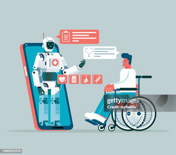 online medicine - robot - man - doctor explaining stock illustrations