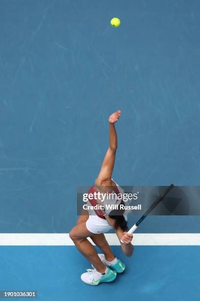 Olga Danilović of Team Serbia serves in the Women's singles match against Markéta Vondrousova of the Czech Republic during day five of the 2024...