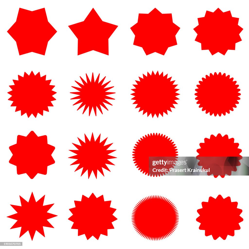 Set of red starburst, starburst labels. Black icons on white background
