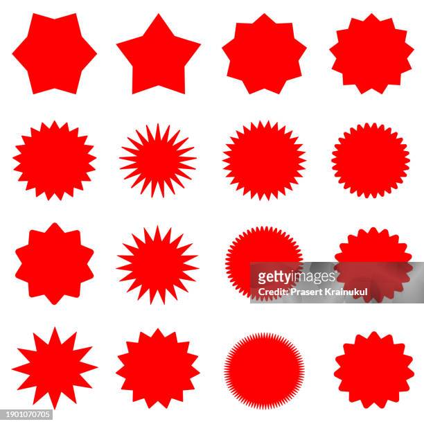 set of red starburst, starburst labels. black icons on white background - deflated stock pictures, royalty-free photos & images