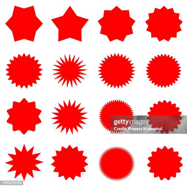 set of red starburst, starburst labels. black icons on white background - sun badge stock pictures, royalty-free photos & images