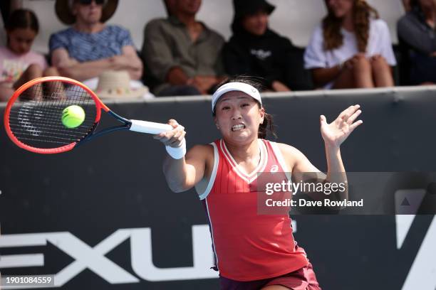 Claire Liu of United States plays a shot in her match against Coco Gauff of United States during the 2024 Women's ASB Classic at ASB Tennis Centre on...