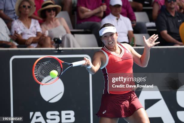 Claire Liu of United States plays a shot in her match against Coco Gauff of United States during the 2024 Women's ASB Classic at ASB Tennis Centre on...