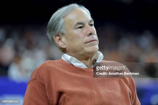 Governor of Texas, Greg Abbott, is seen in attendance during the CFP Semifinal Allstate Sugar Bowl between the Texas Longhorns and the Washington...