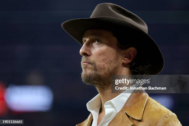 Matthew McConaughey is seen in attendance during the CFP Semifinal Allstate Sugar Bowl between the Texas Longhorns and the Washington Huskies at...