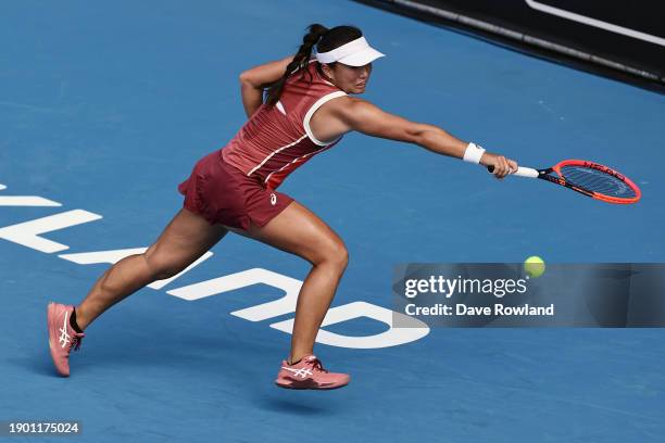 Claire Liu of United States plays a shot in her match against Coco Gauff of United States during the 2024 Women's ASB Classic at ASB Tennis Centre on...