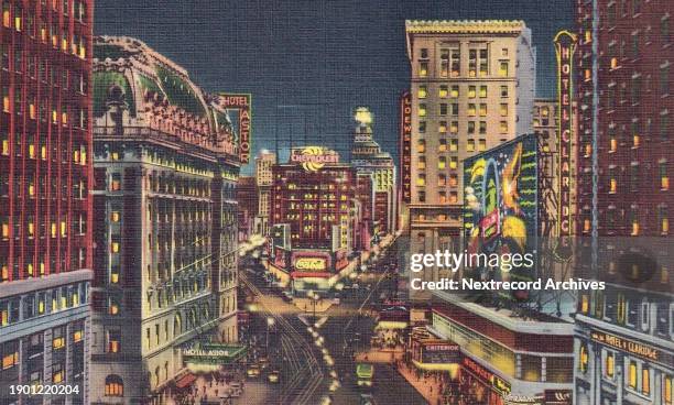 Vintage colorized historic souvenir photo postcard published in 1935 depicting the vibrant midtown and downtown skyscrapers and landmarks of New York...