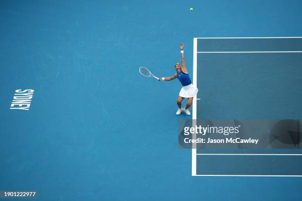 Maria Sakkari of Team Greece serves in their Group B match against Daniela Seguel of Team Chile during day four of the 2024 United Cup at Ken...