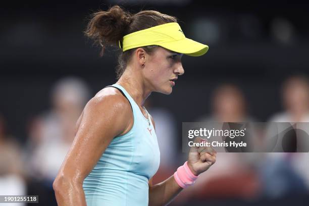 Arina Rodionova of Australia celebrates in her match against Sofia Kenin of USA during day two of the 2024 Brisbane International at Queensland...