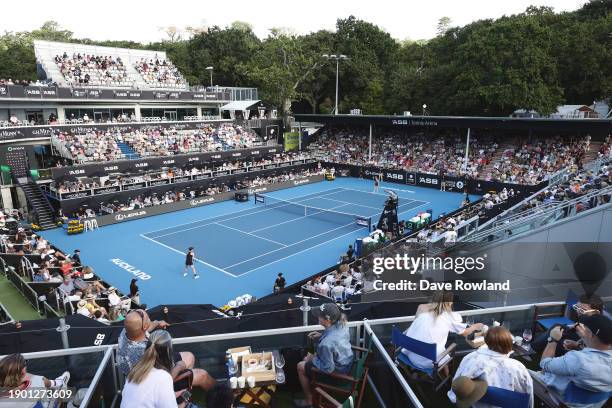 General view as Elina Svitolina of Ukraine plays against Caroline Wozniacki of Denmark during the 2024 Women's ASB Classic at ASB Tennis Centre on...