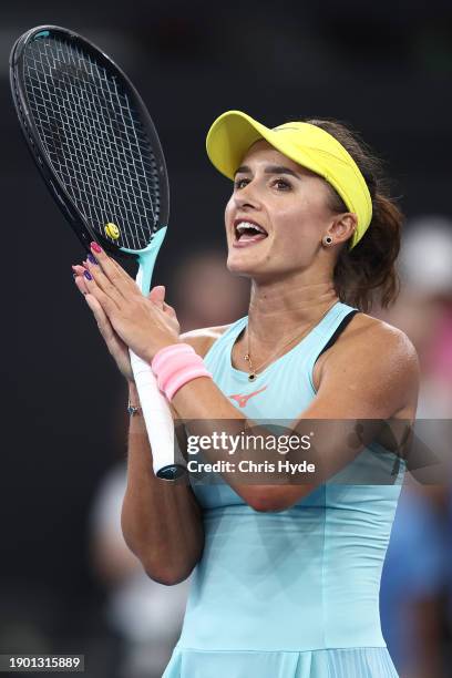 Arina Rodionova of Australia celebrates winning her match against Sofia Kenin of USA during day two of the 2024 Brisbane International at Queensland...