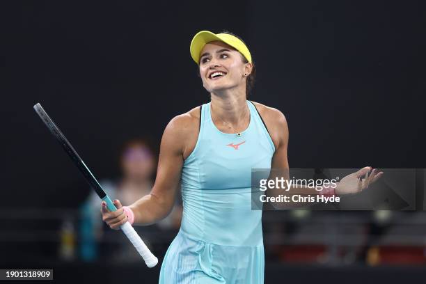 Arina Rodionova of Australia celebrates winning her match against Sofia Kenin of USA during day two of the 2024 Brisbane International at Queensland...