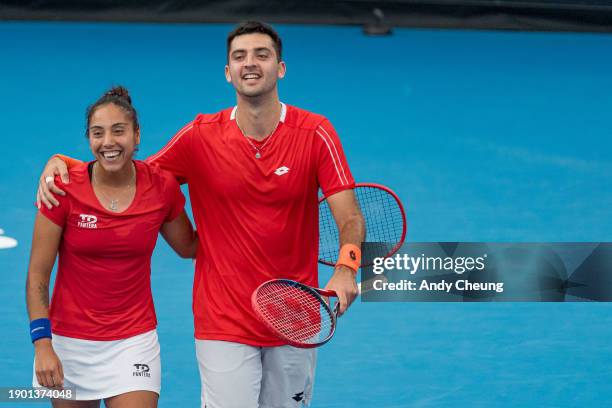 Tomas Barrios Vera and Daniela Seguel of Team Chile celebrate winning match point in the Group B doubles match against Maria Sakkari and Stefanos...