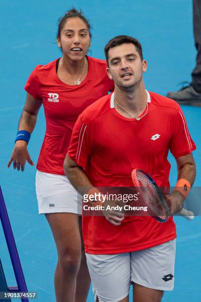 Tomas Barrios Vera and Daniela Seguel of Team Chile celebrate winning match point in the Group B doubles match against Maria Sakkari and Stefanos...