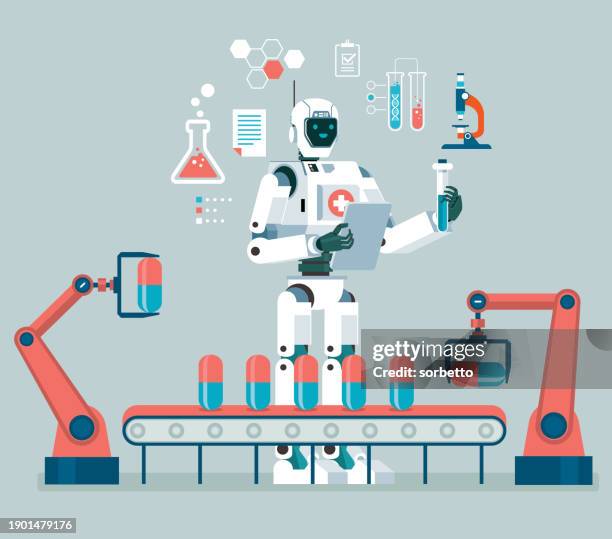 stockillustraties, clipart, cartoons en iconen met pharmaceutical industry - robot - lopende band