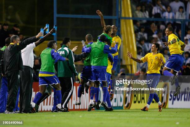 Brazil Luis Fabiano, Elano, Felipe Melo celebrating during the World Cup Qualifier match between Argentina v Brazil on September 5, 2009