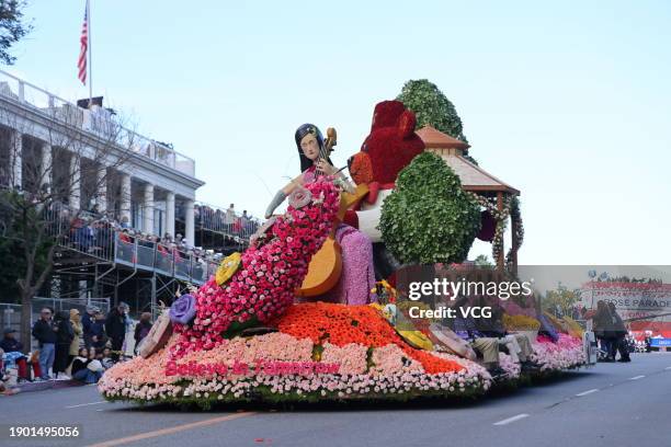 Giant float is paraded during the 135th Rose Parade on January 1, 2024 in Pasadena, California.