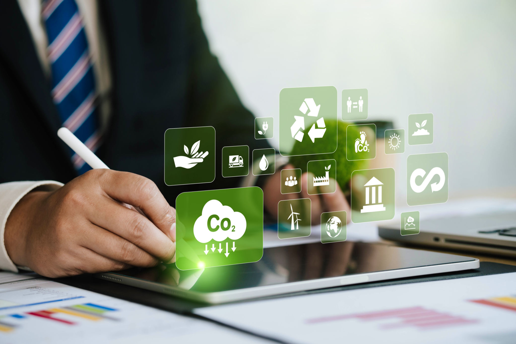 CO2. Concept showing the problem of carbon dioxide and CO2 emissions on the environment, global warming, sustainable development. Businessman investigates and solves world problems. Renewable energy CO2. Concept showing the problem of carbon dioxide and CO2 emissions on the environment, global warming, sustainable development. Businessman investigates and solves world problems. Renewable energy