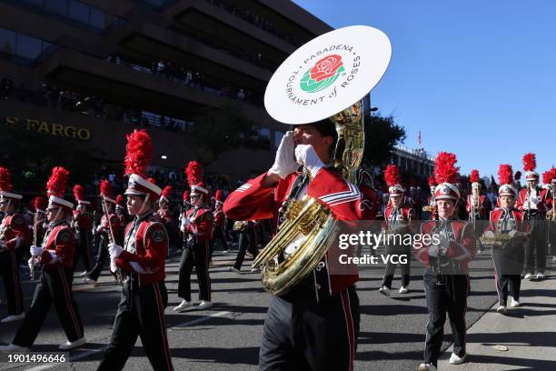 The band members perform along Colorado Boulevard during 135th Rose Parade on January 1, 2024 in Pasadena, California.