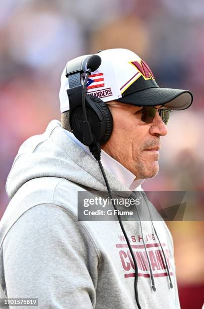 Head coach Ron Rivera of the Washington Commanders looks on during the second half of a game against the San Francisco 49ers at FedExField on...