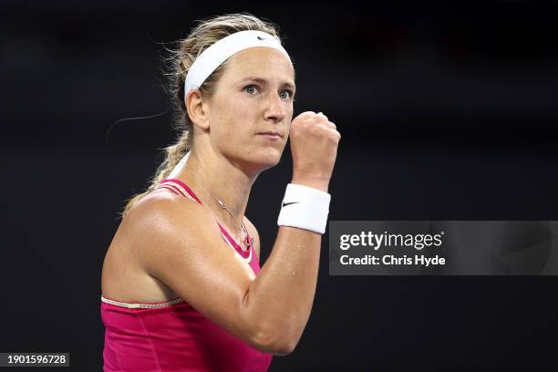 Victoria Azarenka of Belarus celebrates in her match against Anna Kalinskaya of Russia during day two of the 2024 Brisbane International at...