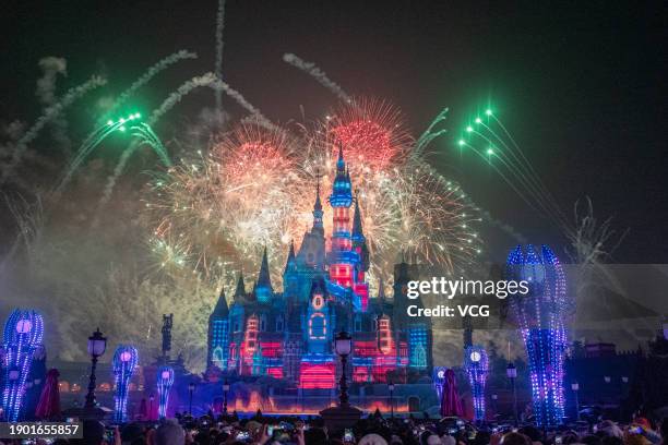 Fireworks explode over the Enchanted Storybook Castle at the Shanghai Disney Resort on New Year's Day on January 1, 2024 in Shanghai, China.