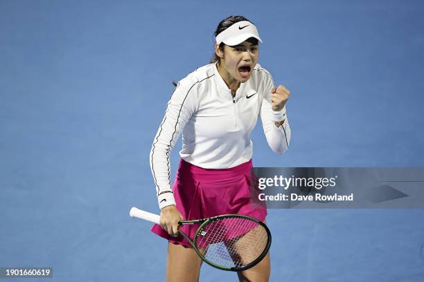 Emma Raducanu of Great Britain reacts in her match against Elena-Gabriela Ruse of Romania during the 2024 Women's ASB Classic at ASB Tennis Centre on...