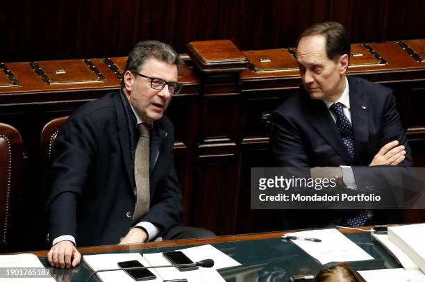 Minister of Economy and Finance of Italy Giancarlo Giorgetti and Senator Luca Ciriani in the Chamber of Deputies during the consideration of the...