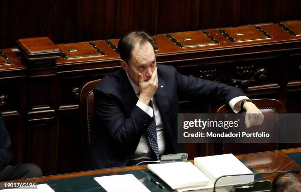 Italian Senator Luca Ciriani at the Chamber of Deputies during the consideration of the Budget Law, explanations of vote and final vote. Rome ,...