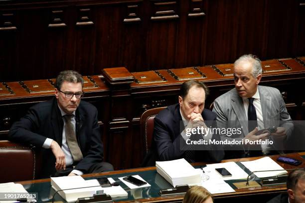 Minister of Economy and Finance of Italy Giancarlo Giorgetti, Italian Senator Luca Ciriani and Minister of the Interior of the Italian Republic...