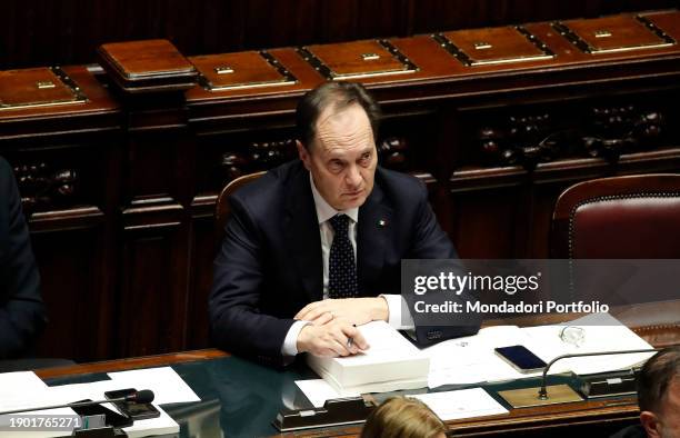 Italian Senator Luca Ciriani at the Chamber of Deputies during the consideration of the Budget Law, explanations of vote and final vote. Rome ,...