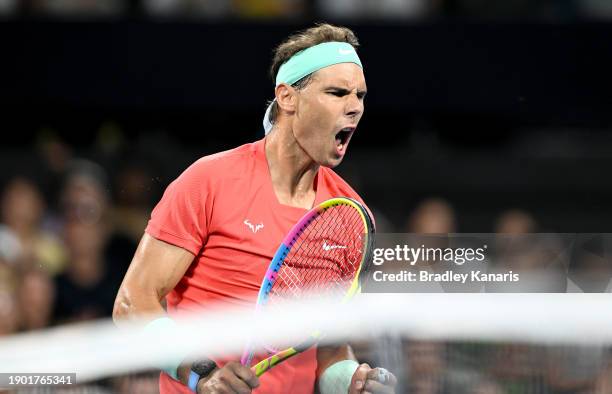 Rafael Nadal of Spain celebrates after winning a point in his match against Dominic Thiem of Austria during day two of the 2024 Brisbane...